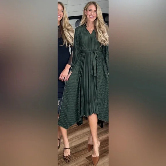 Scoop Women’s Pleated Handkerchief Hem Dress with Long Sleeves - Picture 2 of 2